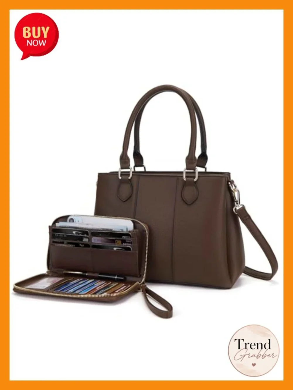 PU Leather Satchel Handbag with 3 Zippered Compartments and Wallet Set